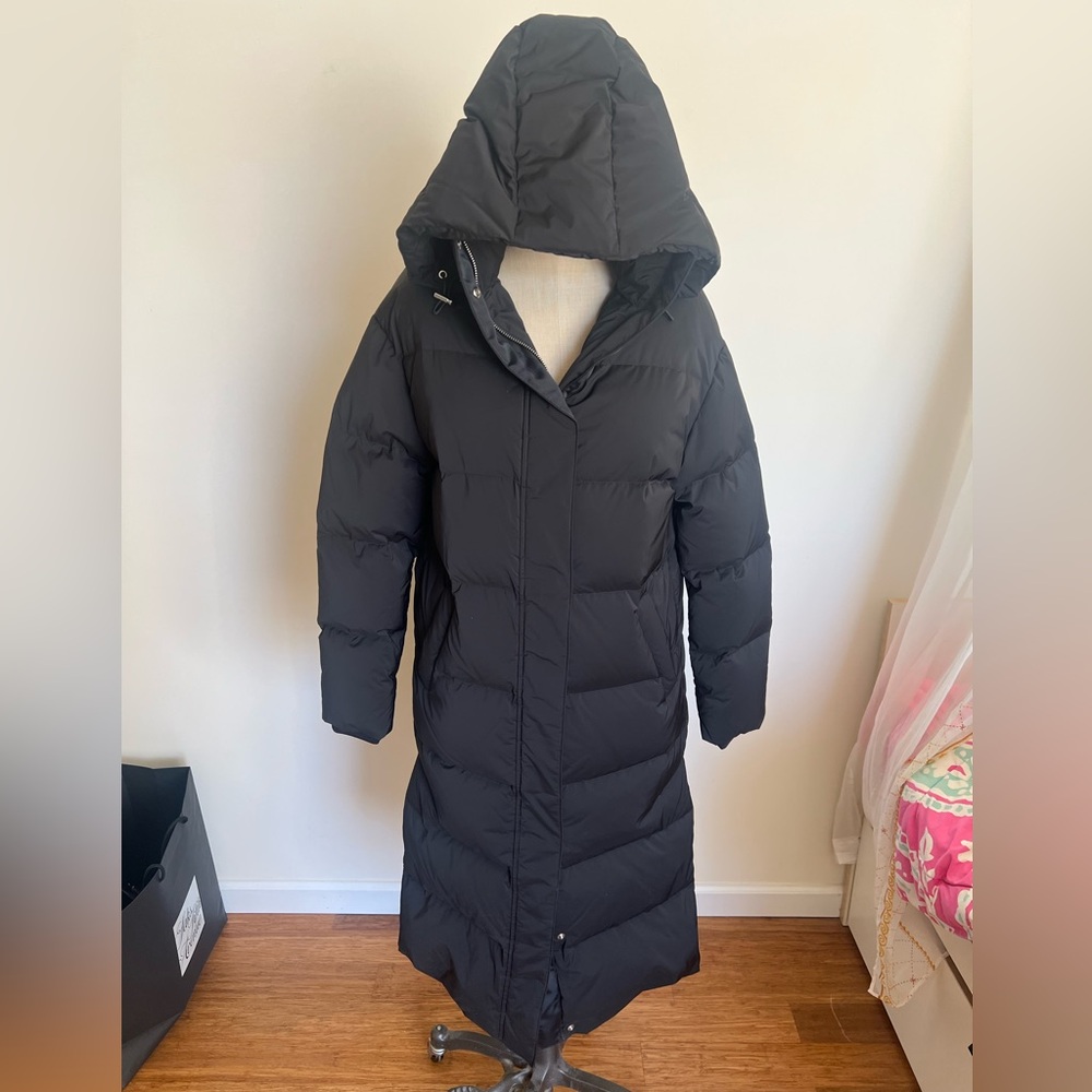 New Theory Long Black Hooded Puffer Coat Sz S